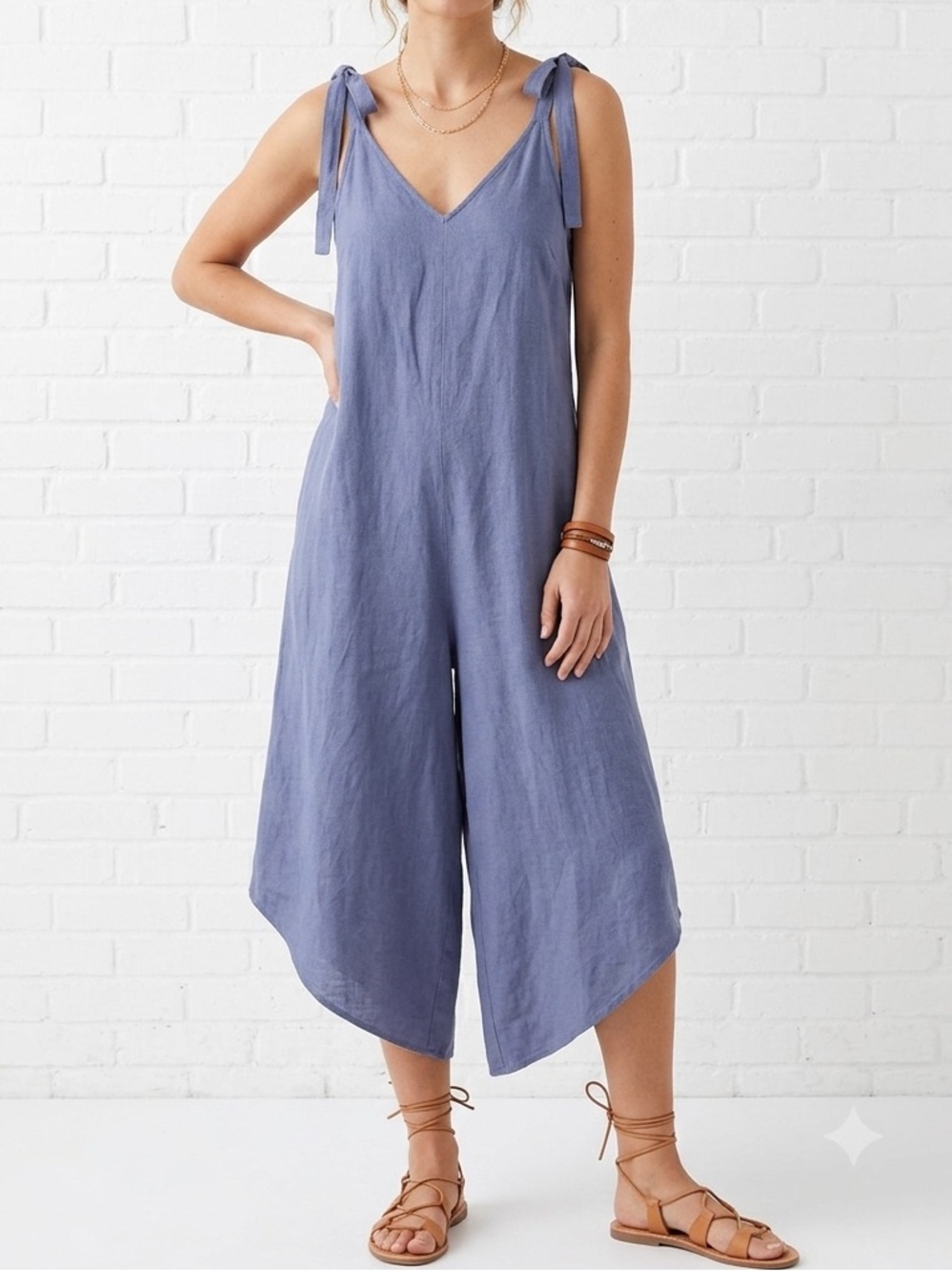 MSK Linen Blend Wide Leg Jumpsuit Medium Blue Tie Strap Gaucho Romper Pockets